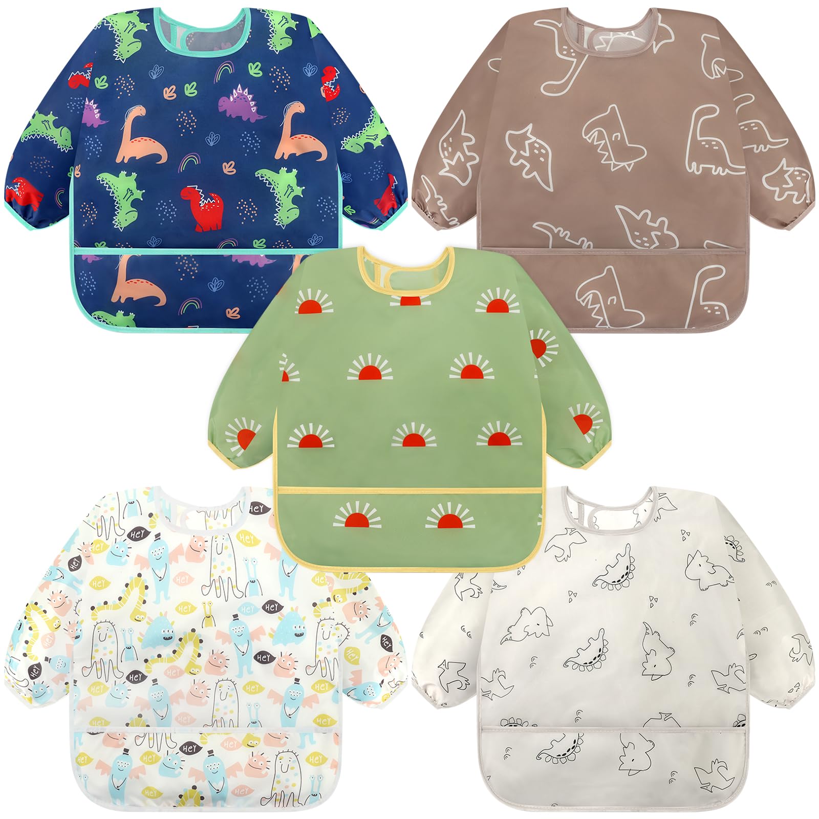 Accmor long sleeve bibs pack laid out for quick wipe cleanup and mess protection