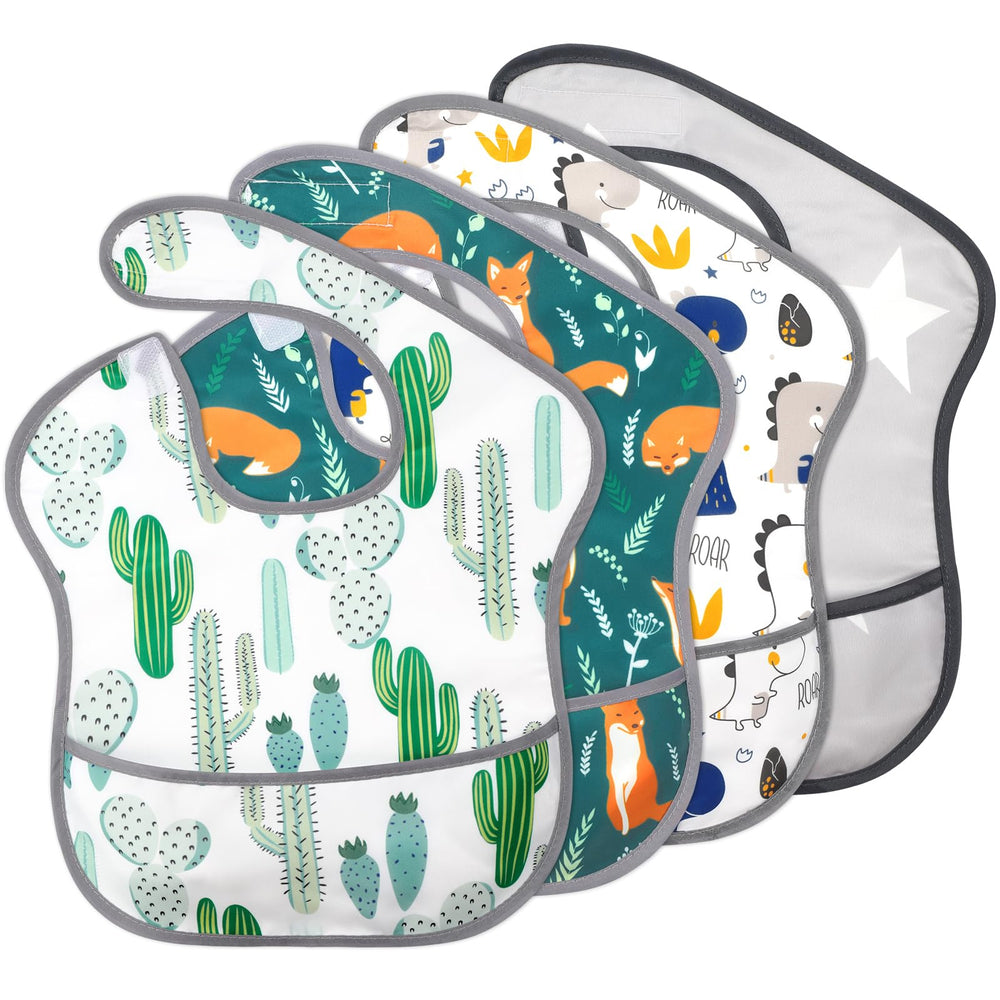 Accmor baby bibs 4-pack flatlay showing color variety for mess-free mealtimes.
