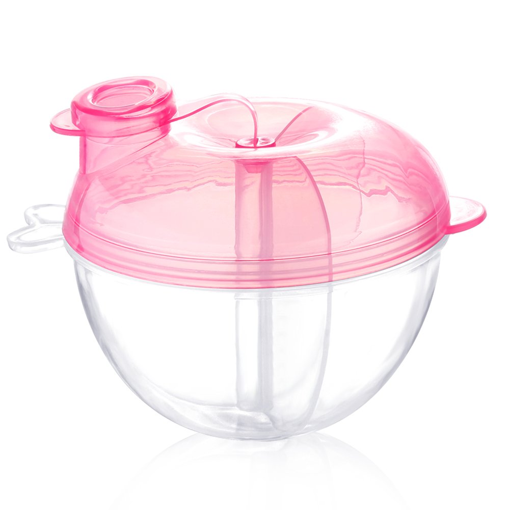 Accmor baby formula dispenser with three compartments in pink, compact for on-the-go feedings.