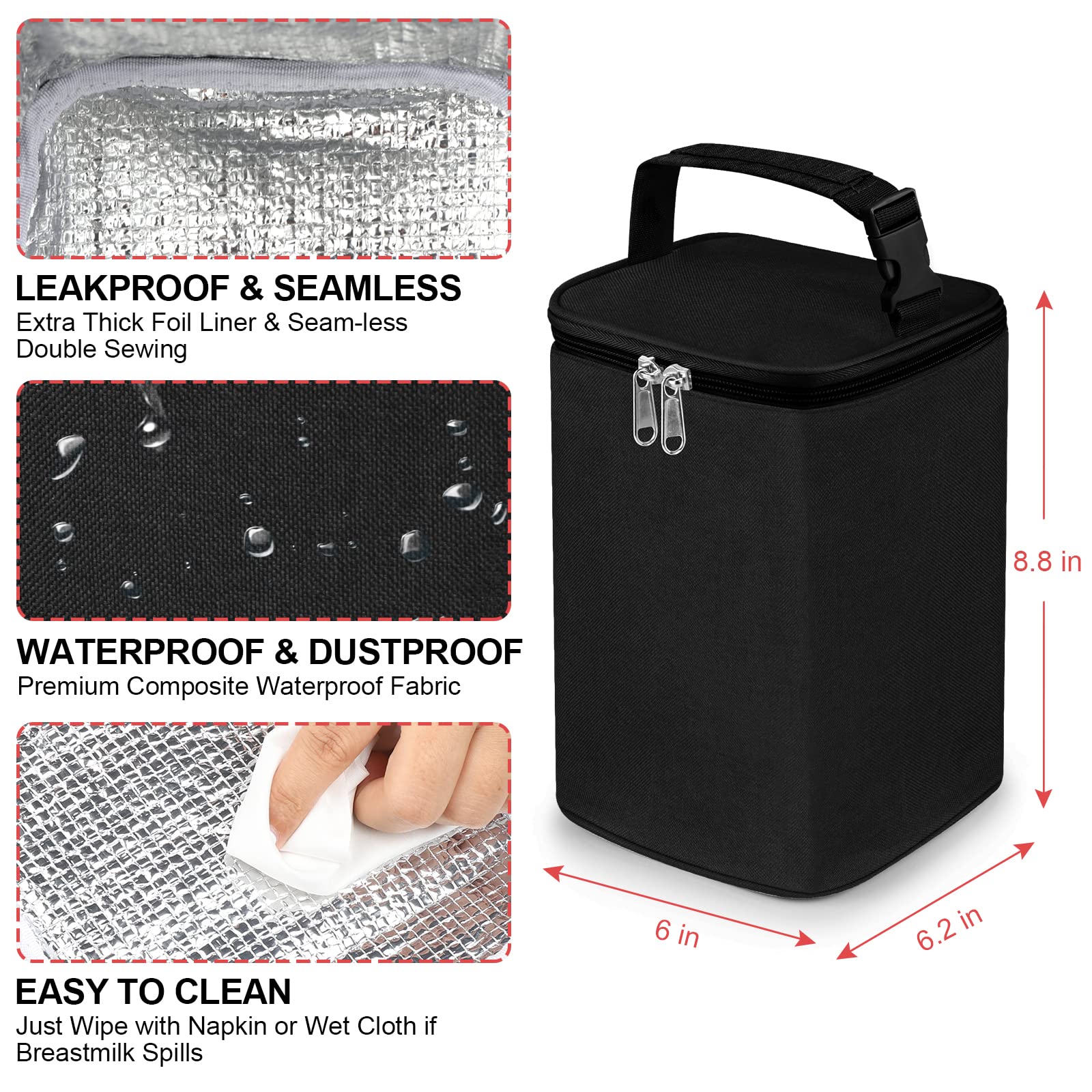 Accmor bag showing capacity for four large 8oz bottles for daycare or travel
