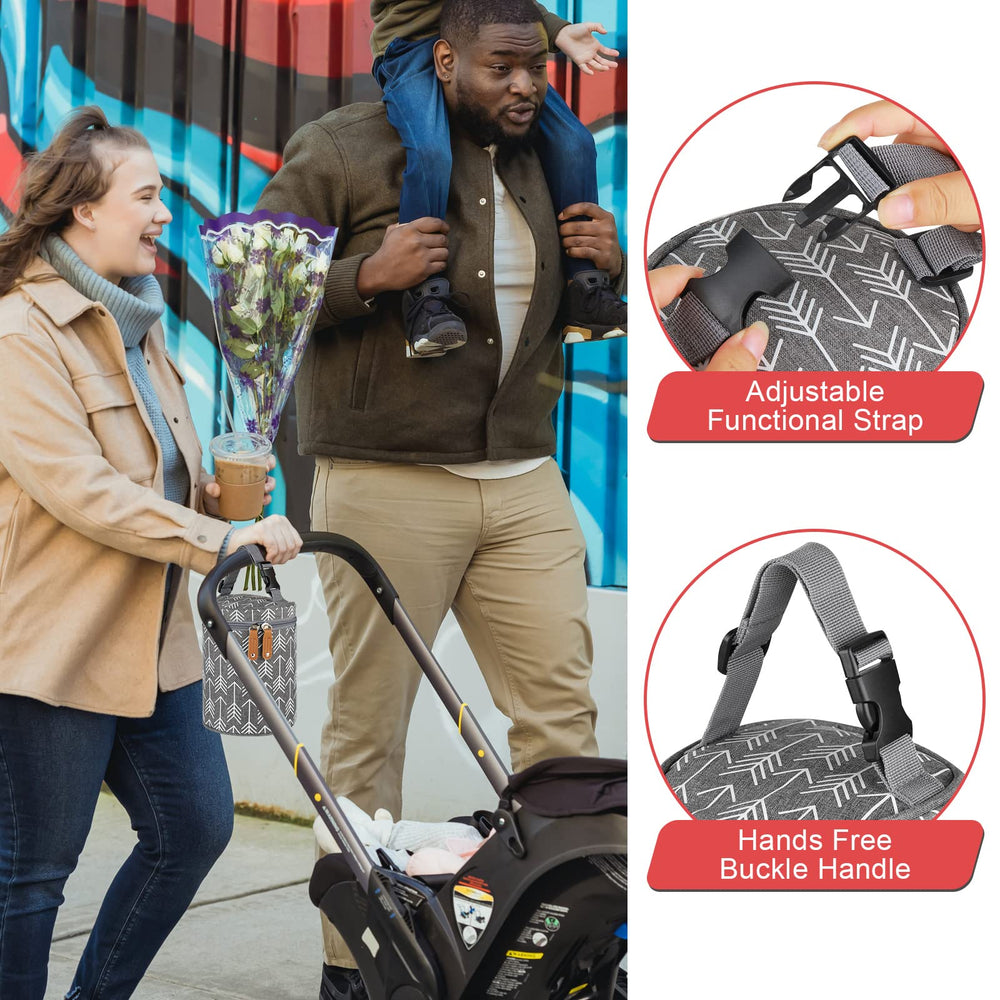 Accmor detachable buckle demonstrates stroller or car-seat attachment for hands-free transport.