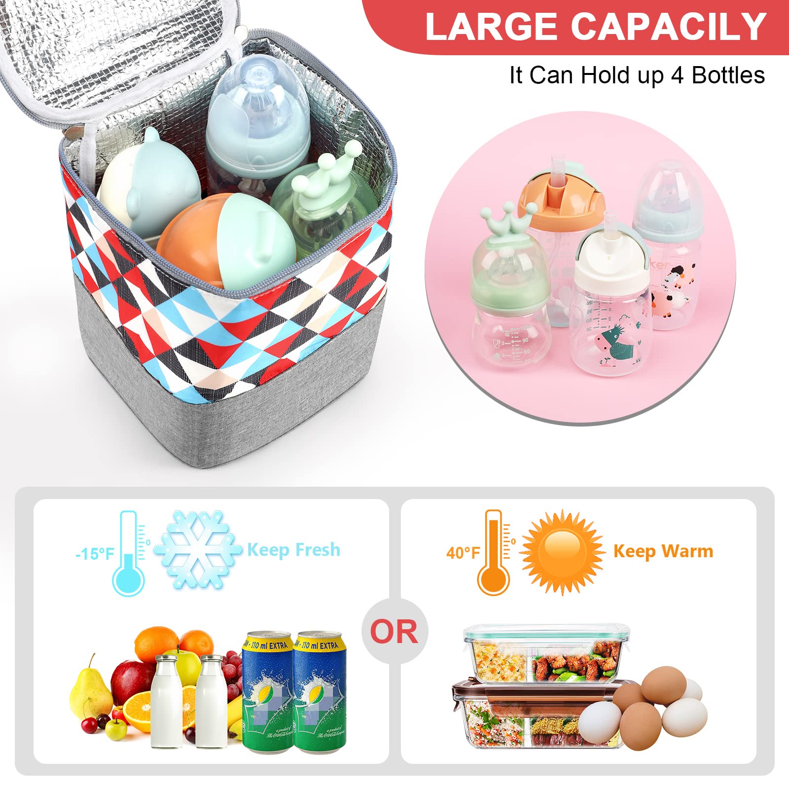Accmor Breastmilk Cooler Bag shows large capacity for four 8oz bottles.
