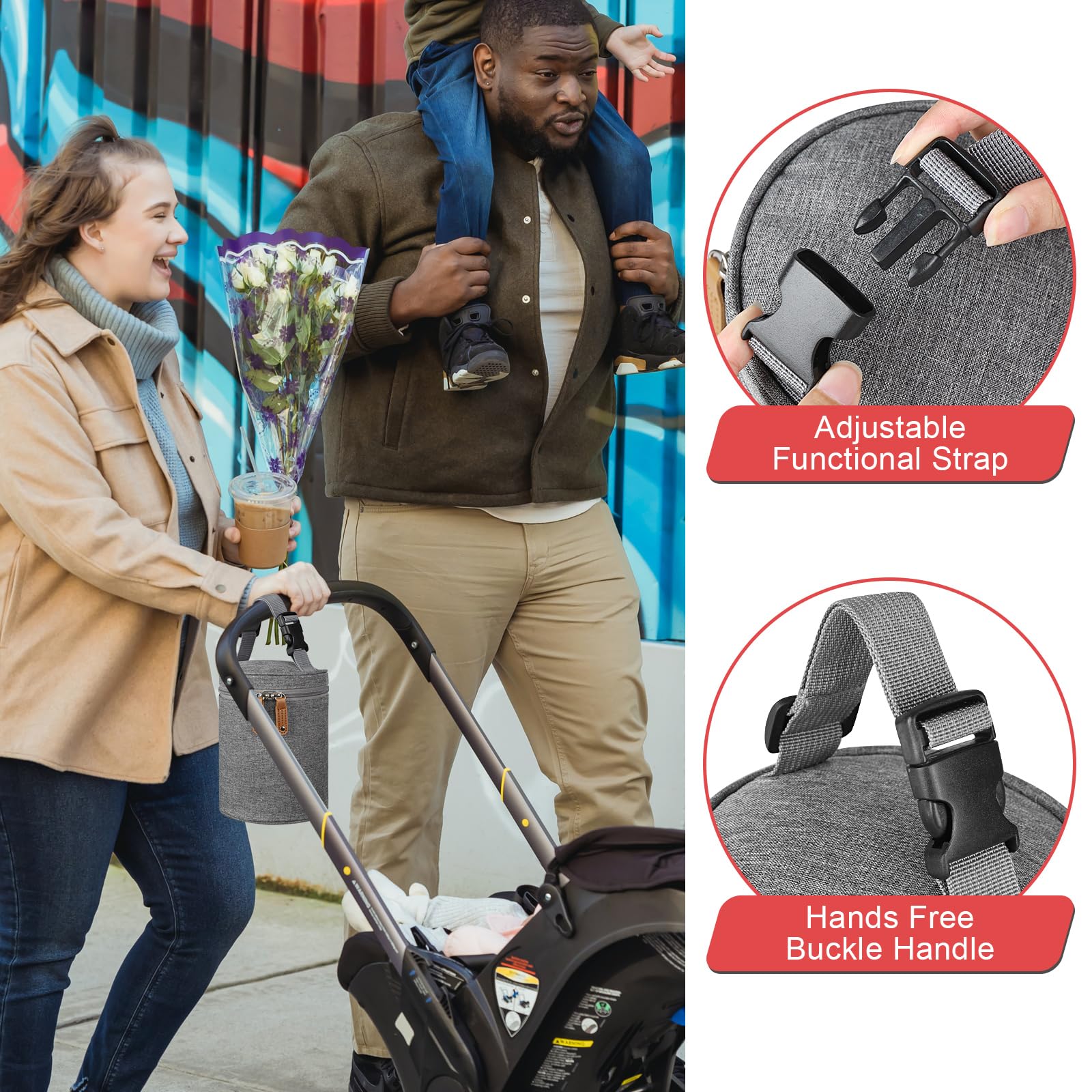 Accmor cooler bag attached to a stroller demonstrates on-the-go convenience.