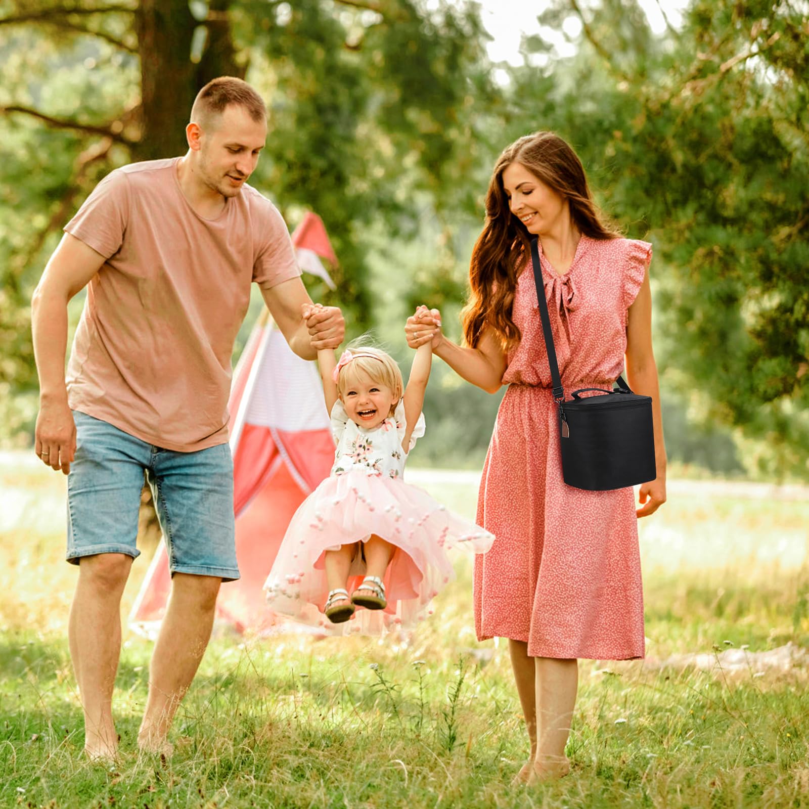 Accmor bag attached to stroller demonstrates hands-free transport.