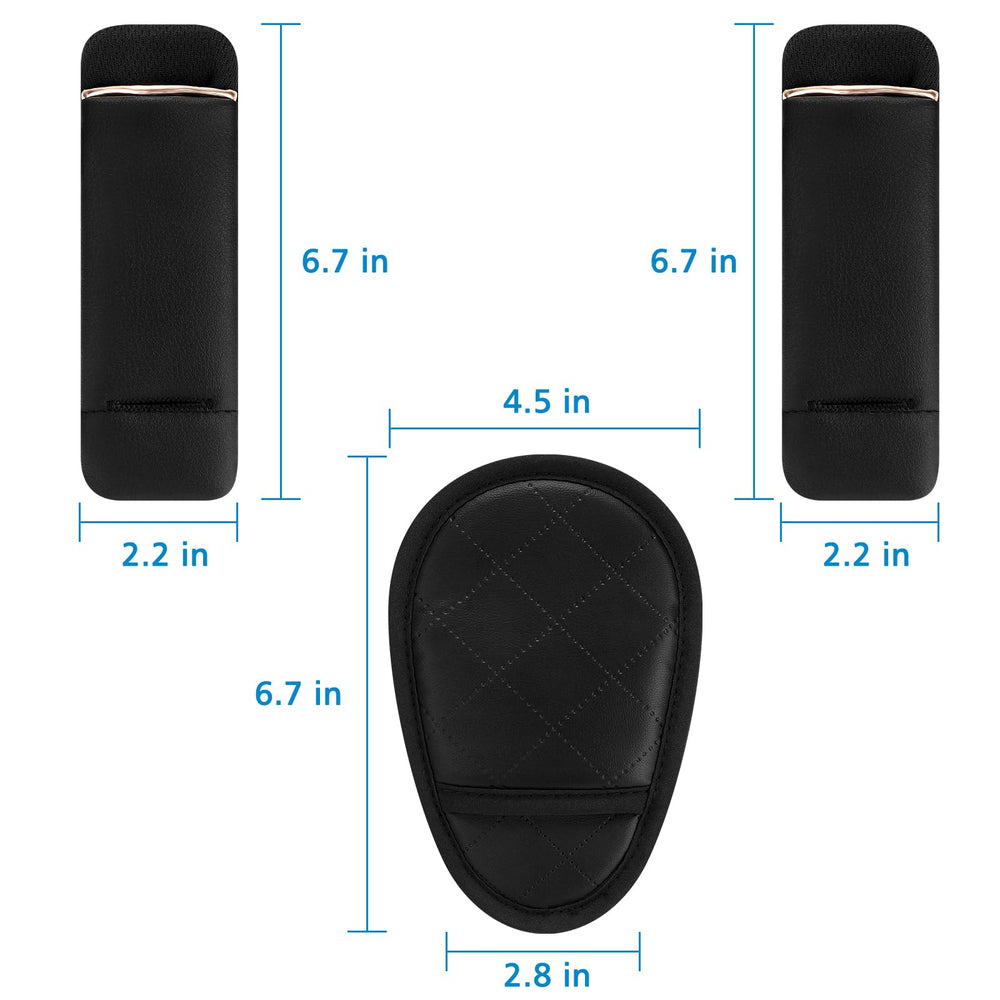 Accmor car seat strap pads close-up highlighting PU leather texture and stitching.