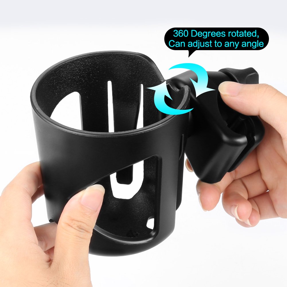 Accmor cup holder with hook on stroller offers secure extra storage for bags.