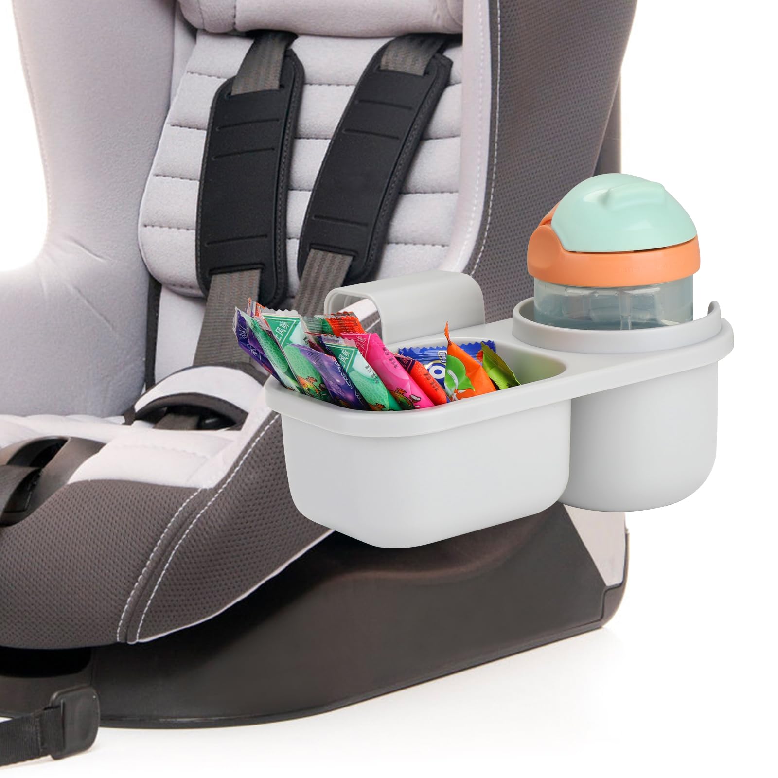 Accmor cup holder hook with anti-slip grip keeps tray secure on armrest.