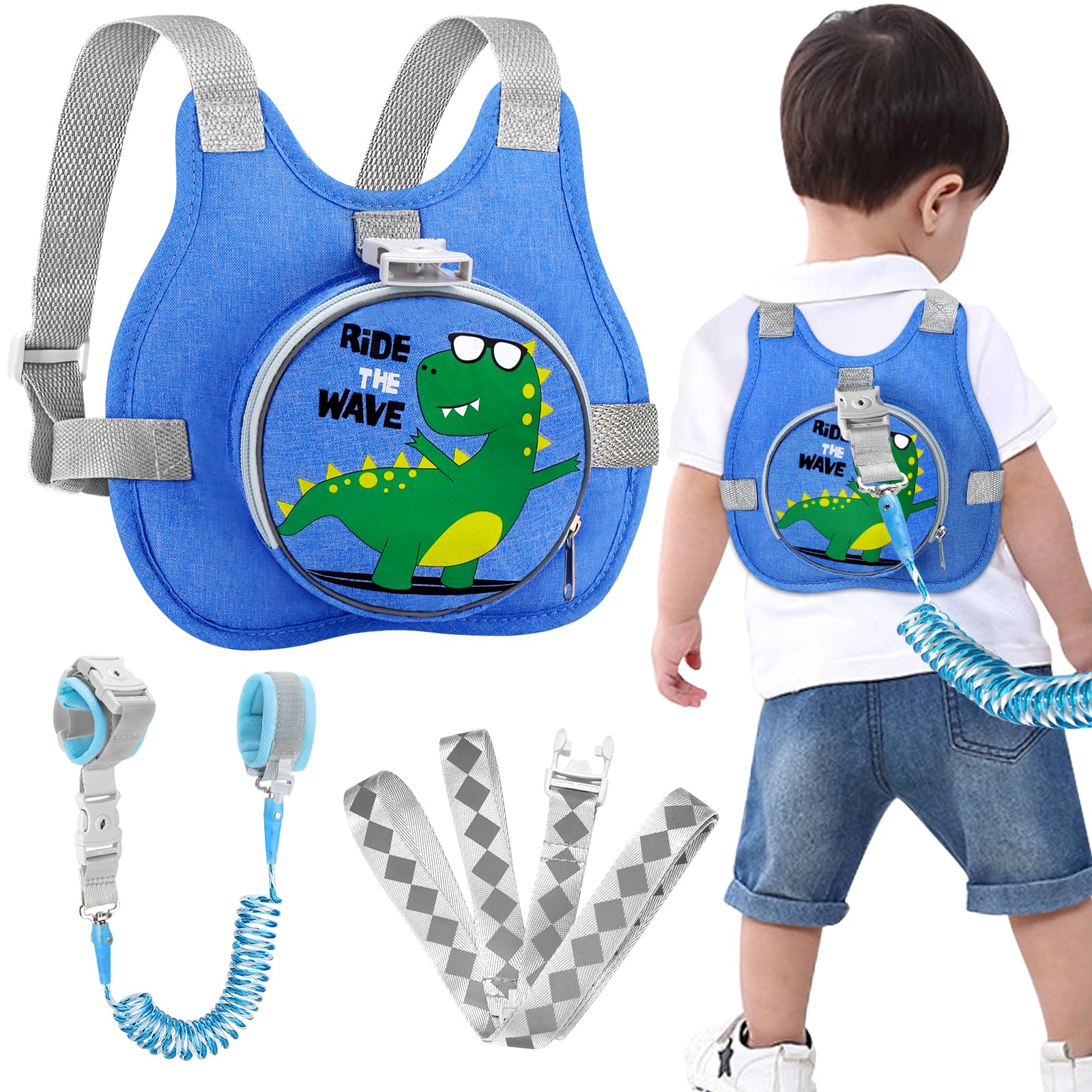 Accmor dinosaur-pattern harness closeup shows comfortable straps for toddlers.