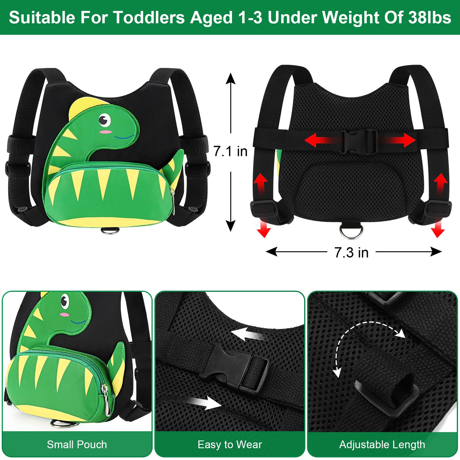 Accmor dinosaur toddler harness front pocket view showing snack storage