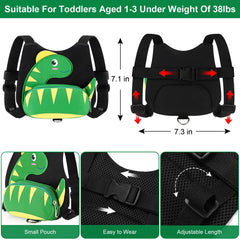 Accmor dinosaur toddler harness front pocket view showing snack storage