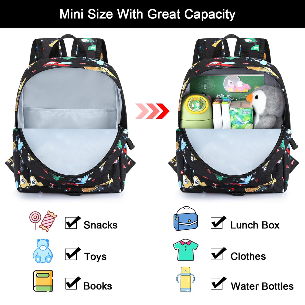 Accmor excavator-pattern backpack closeup highlights adjustable shoulder straps for comfort