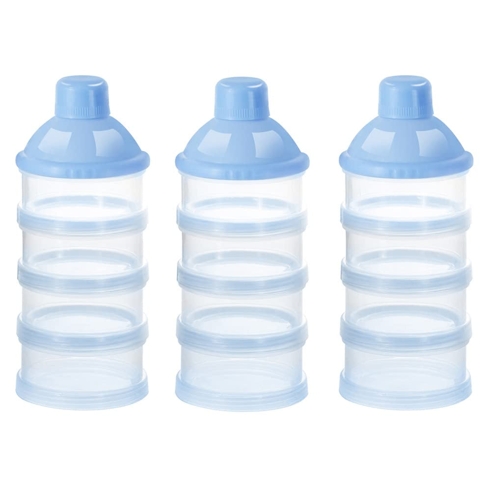 Accmor formula dispenser on the go with four stackable compartments for travel convenience.