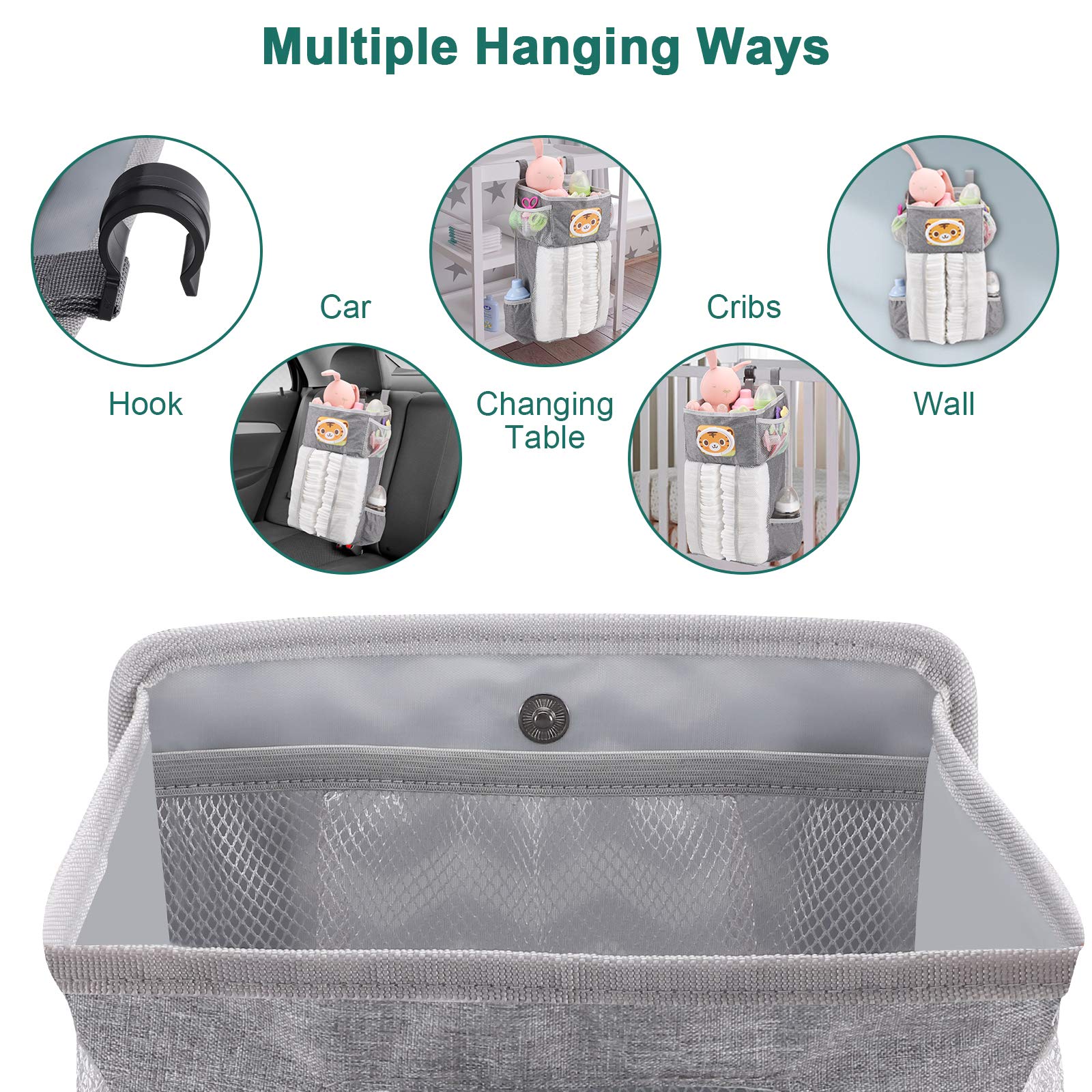 Accmor Hanging Diaper Caddy Organizer side bottle pockets hold bottles and sippy cups.