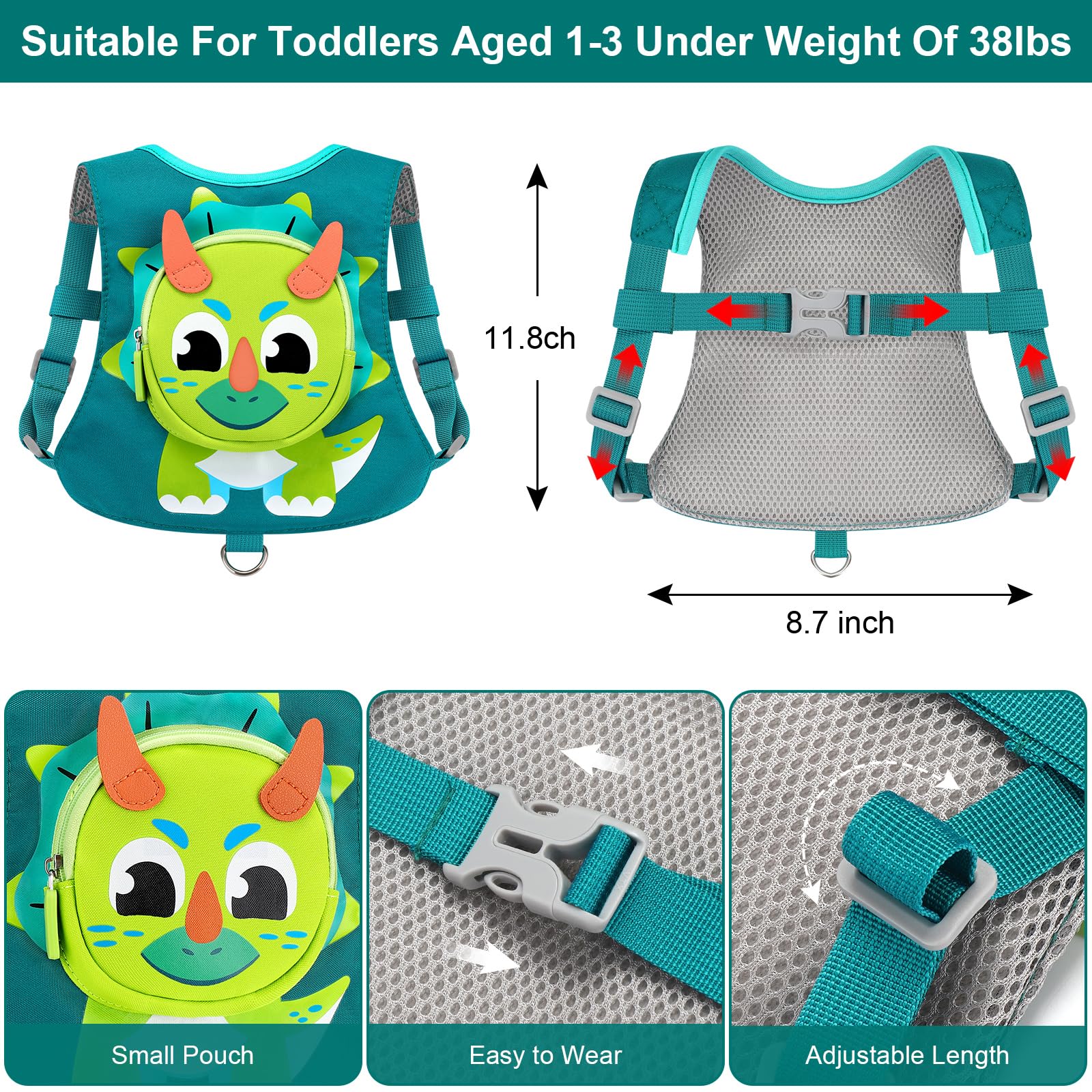 Accmor kids dinosaur harness front view emphasizes playful pattern and easy control