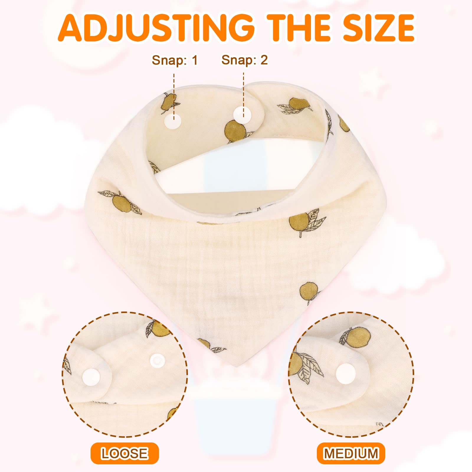Accmor Muslin Baby Bibs adjustable snap ensures secure fit as babies grow.