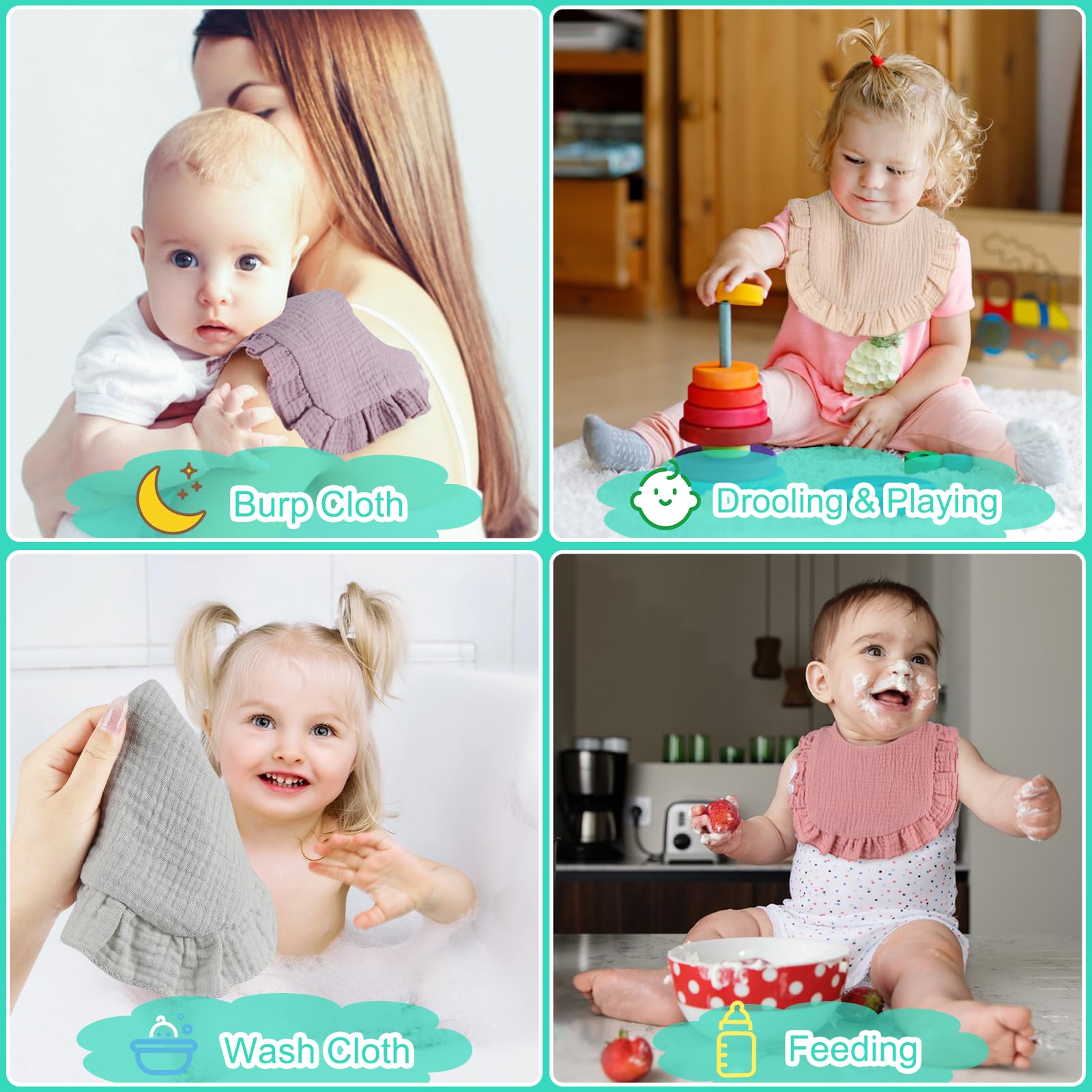 Accmor muslin baby bibs mealtime-mess ready to catch saliva and food.