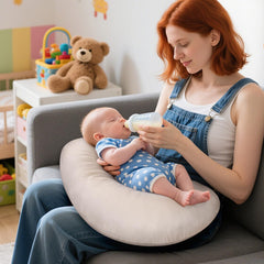 Accmor nursing pillow cover snug-fit on pillow demonstrates secure slip-on design and zipper.