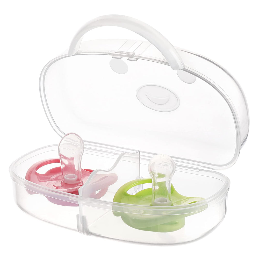 Accmor pacifier case transparent front view shows portable two-pacifier storage.