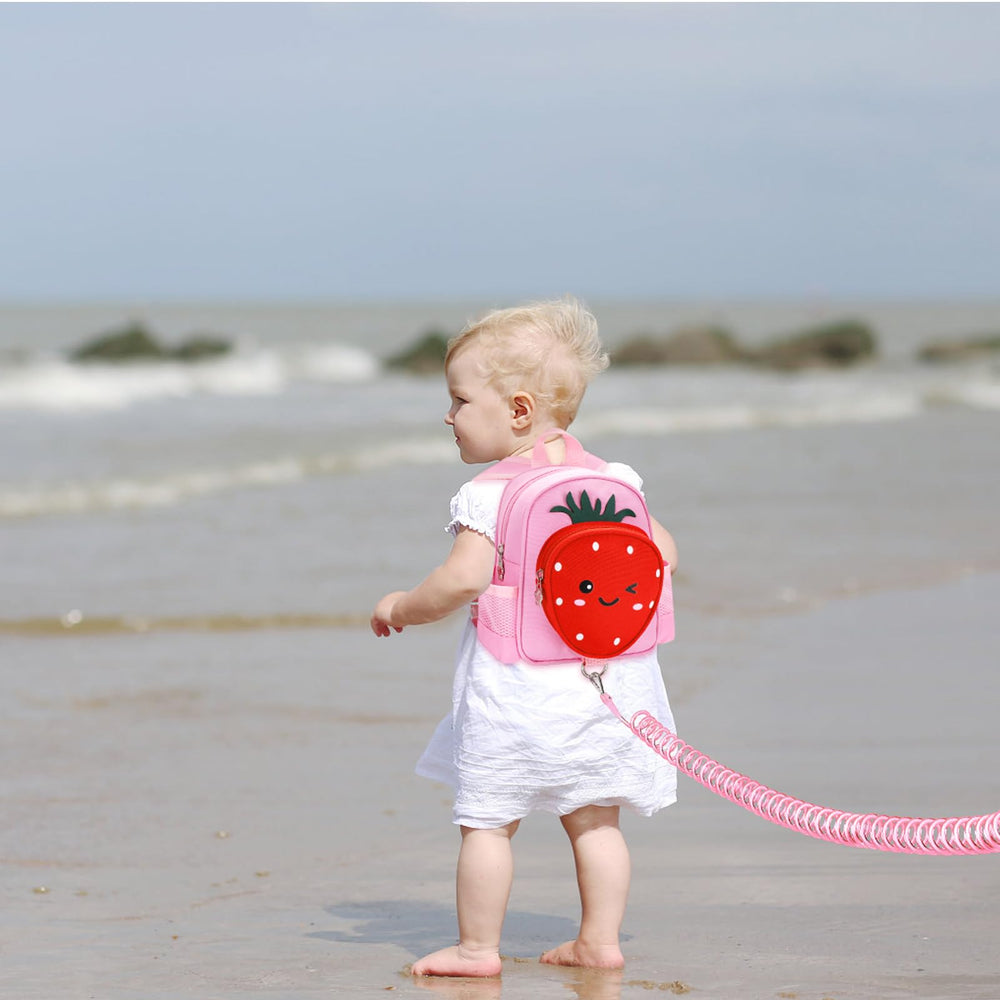 Accmor pink strawberry-pattern backpack closeup with cute style.