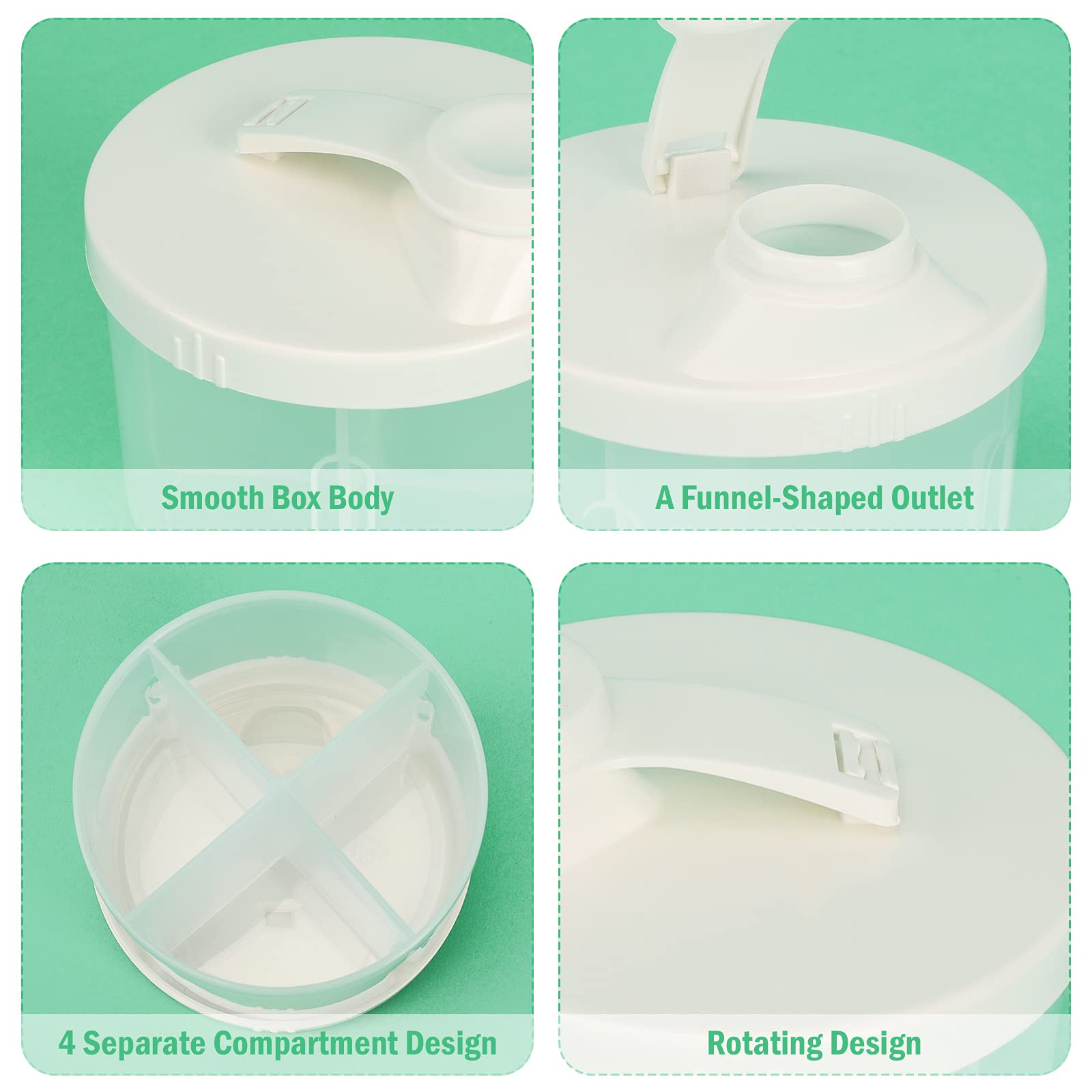 Accmor rotating-cap spill-proof mechanism keeping powder contained during transport.