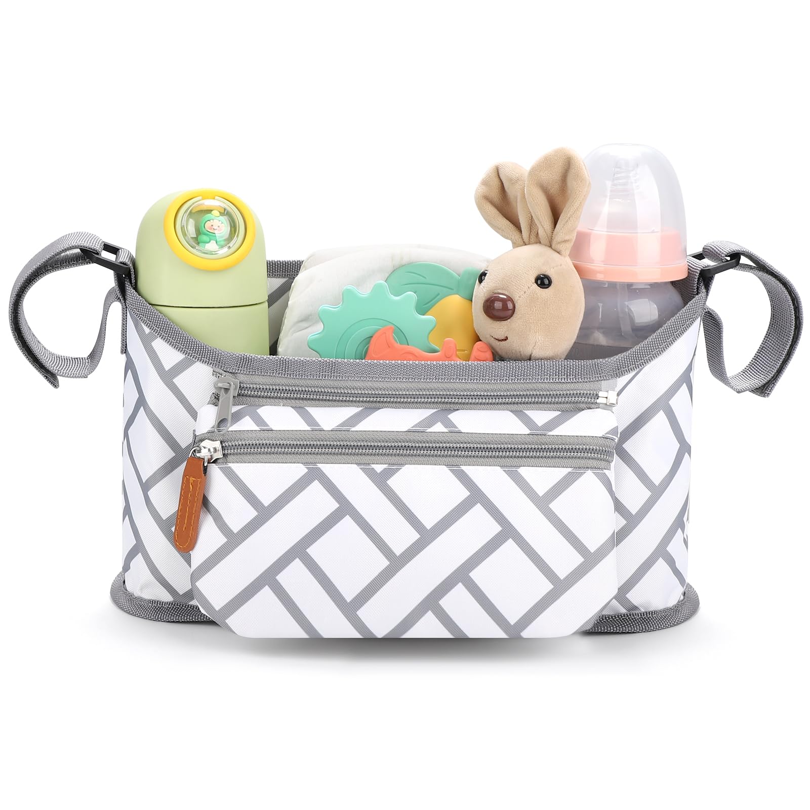 Stroller bag with large middle compartment stores diapers and toys neatly