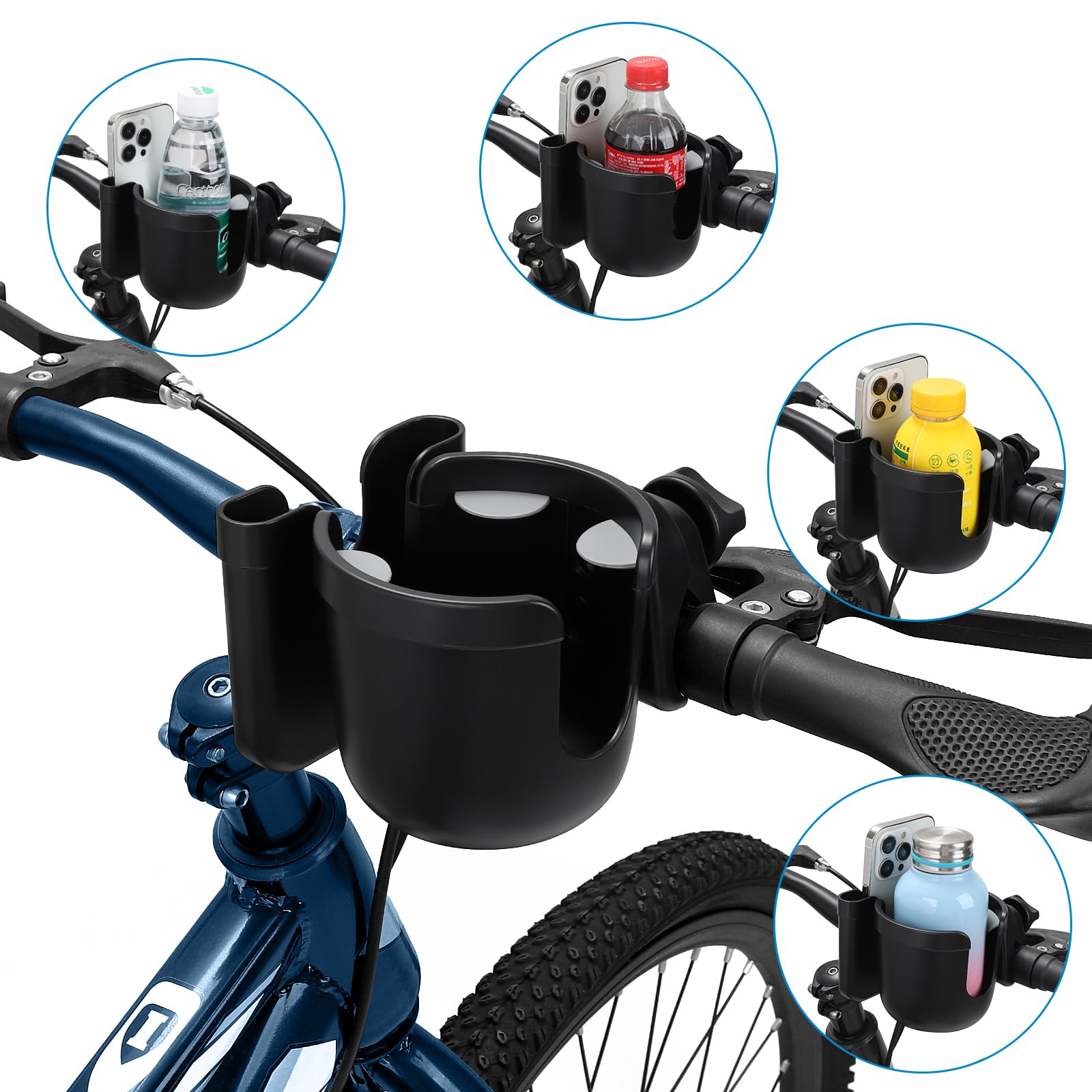 Accmor universal design demonstrates compatibility with stroller, bike, walker, and wheelchair.