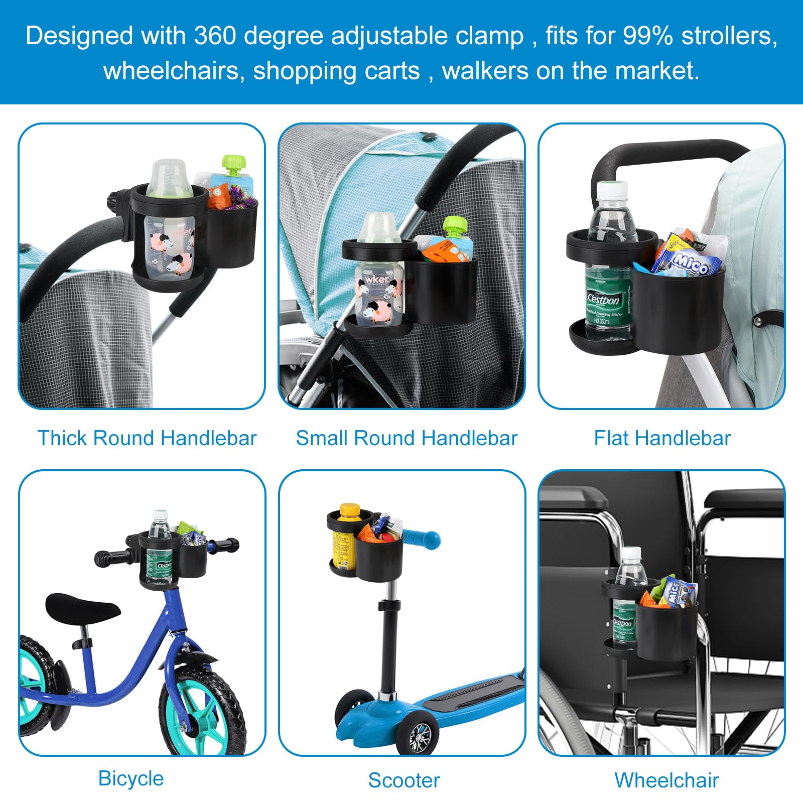 Accmor clip-range cup holder clamps securely on stroller rods.