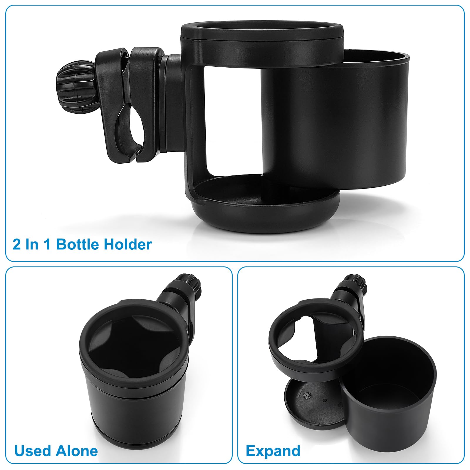 Accmor stroller cup holder with rotatable clamp enables flexible mounting angles.