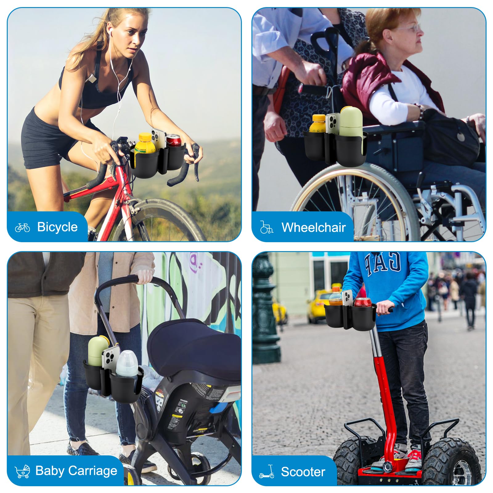 Accmor use on walkers and bikes for versatile drinks and device storage.