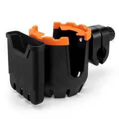 Accmor stroller cup holder with phone holder mounted on a handle, keeps drinks and calls within reach.