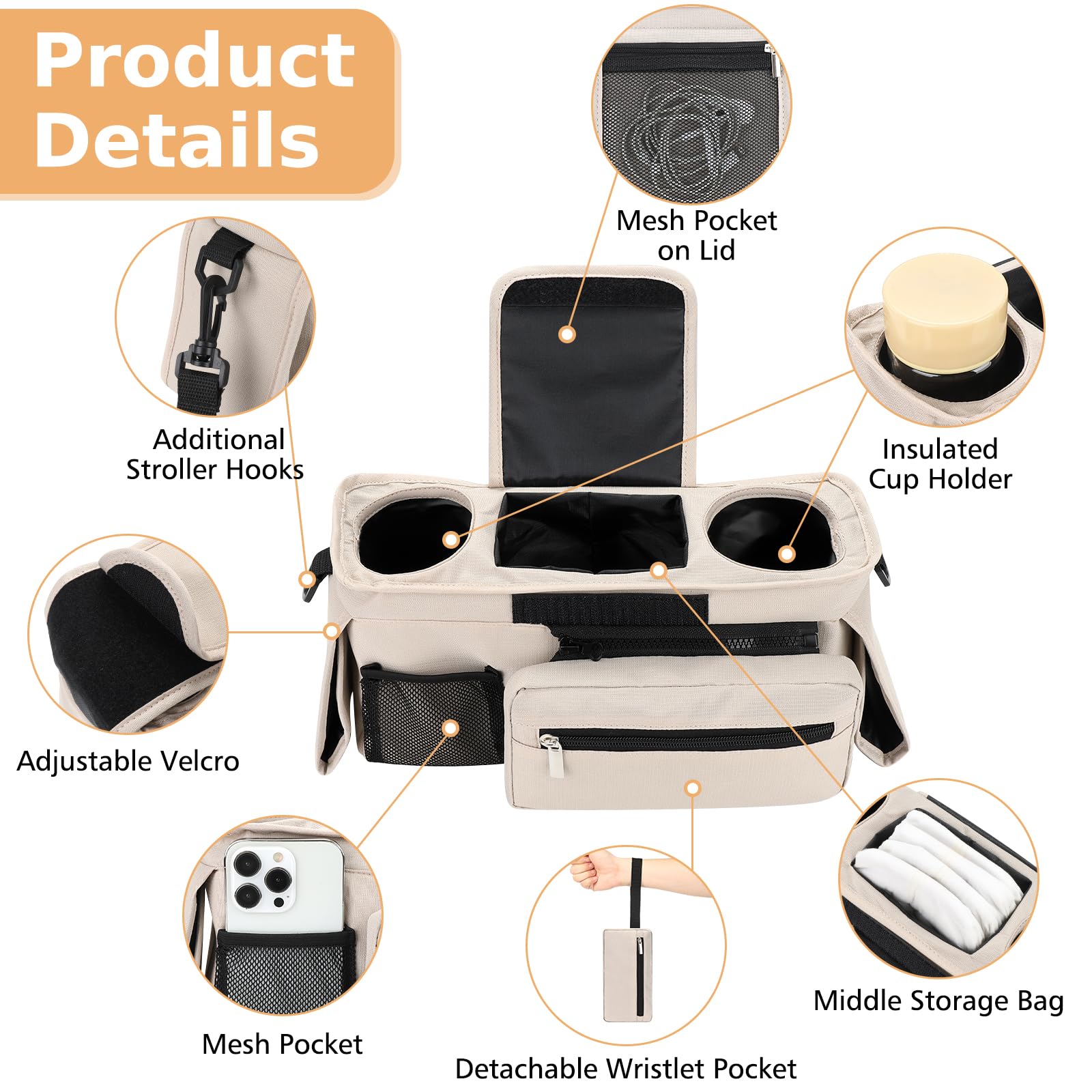 Accmor stroller organizer adjustable Velcro strap fits various stroller models securely.