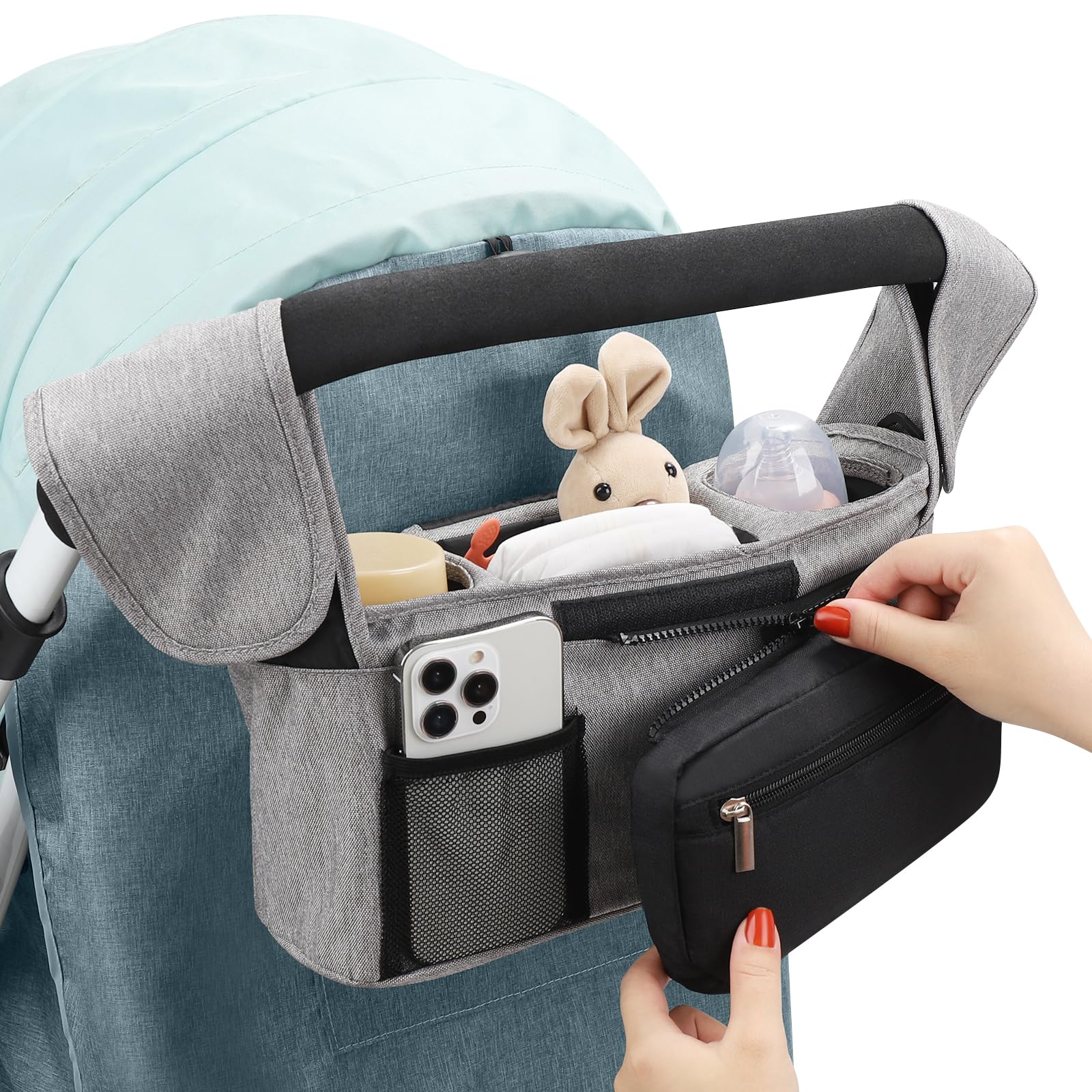Accmor stroller bag hangs on the stroller for hands-free use.