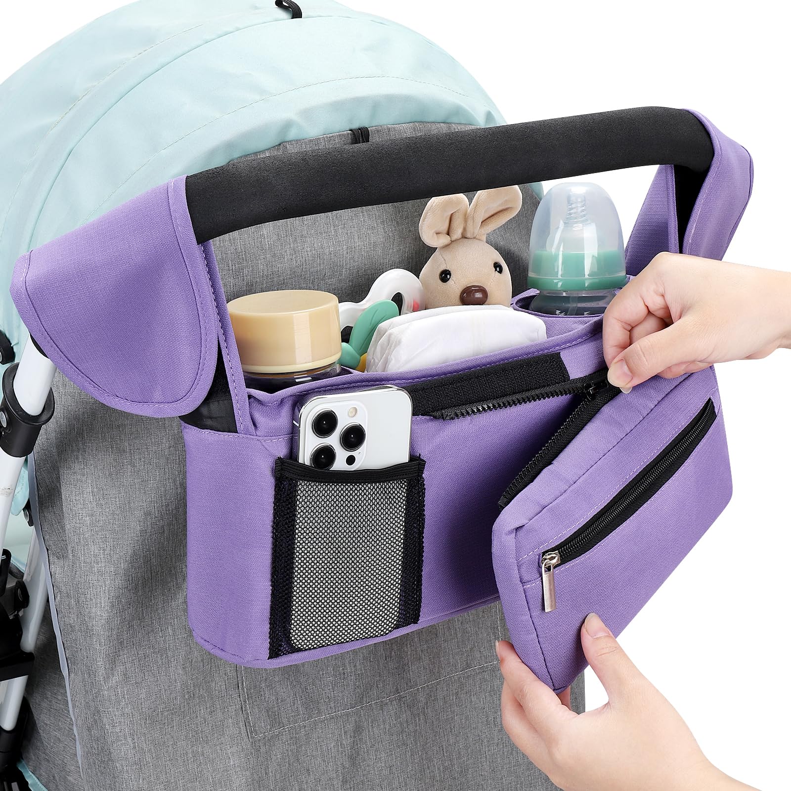 Accmor stroller organizer demonstrates hanging and carry options for versatile use.