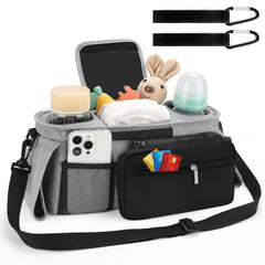 Accmor organizer middle compartment fits diapers, wipes, and pacifiers on the go.