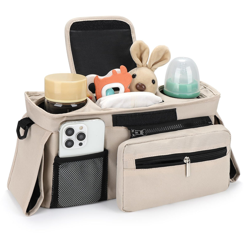 Accmor stroller organizer with shoulder strap enables hands-free carrying during strolls.