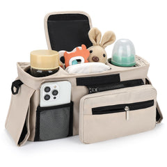 Accmor stroller organizer with shoulder strap enables hands-free carrying during strolls.