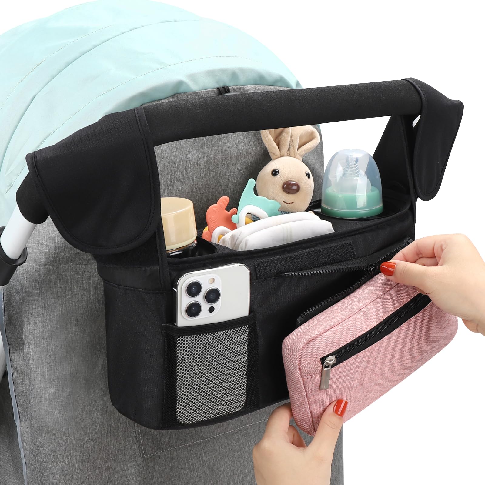 Accmor adjustable Velcro strap secures the organizer to many stroller brands.