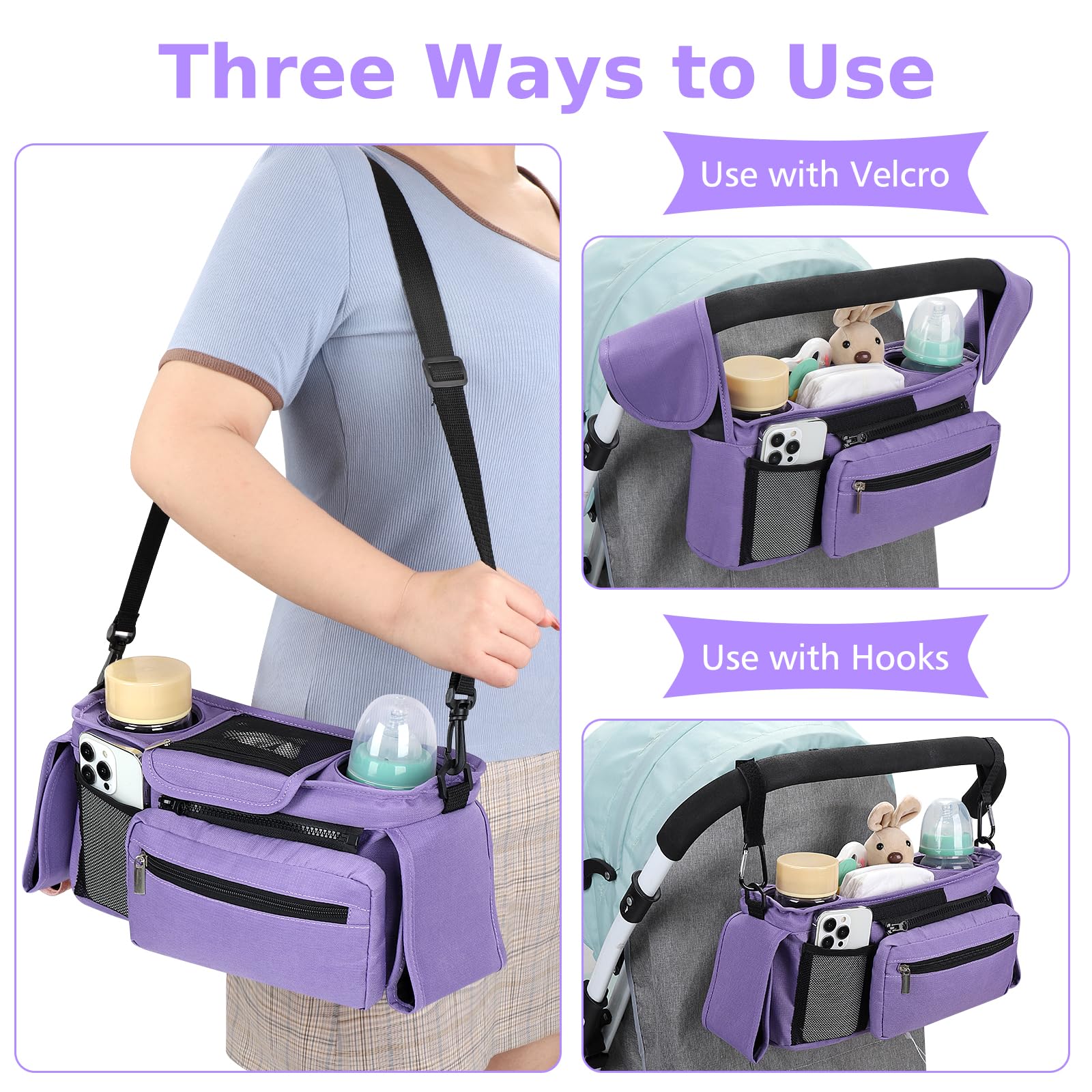 Accmor storage middle compartment fits diapers, wipes, and small toys.