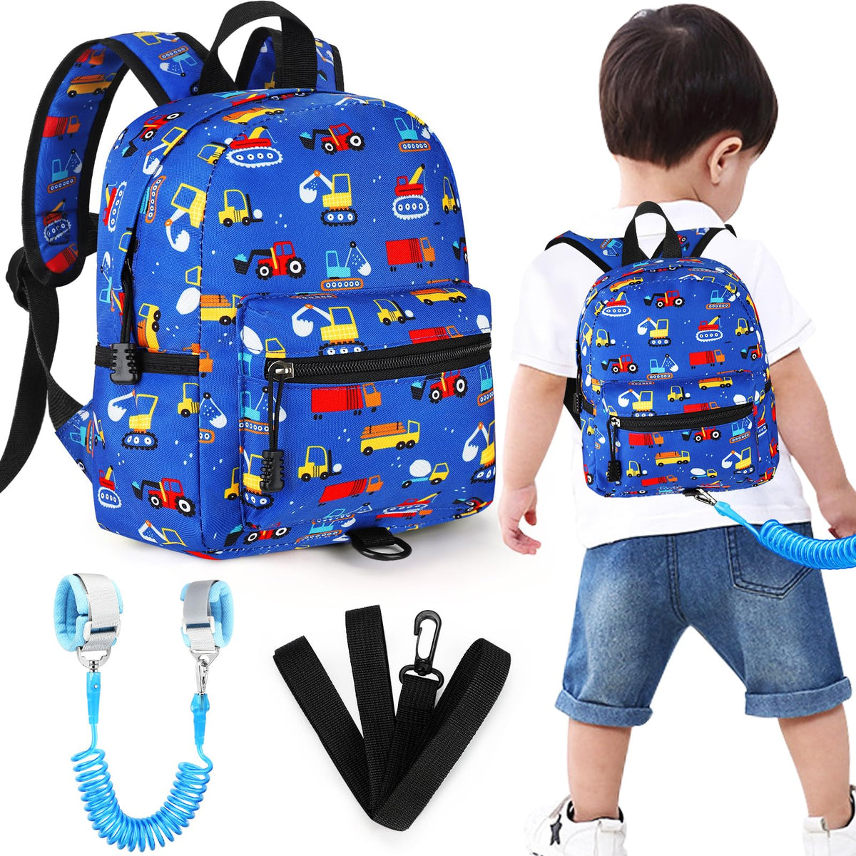 Accmor toddler backpack leash blue excavator pattern keeps essentials nearby during outings