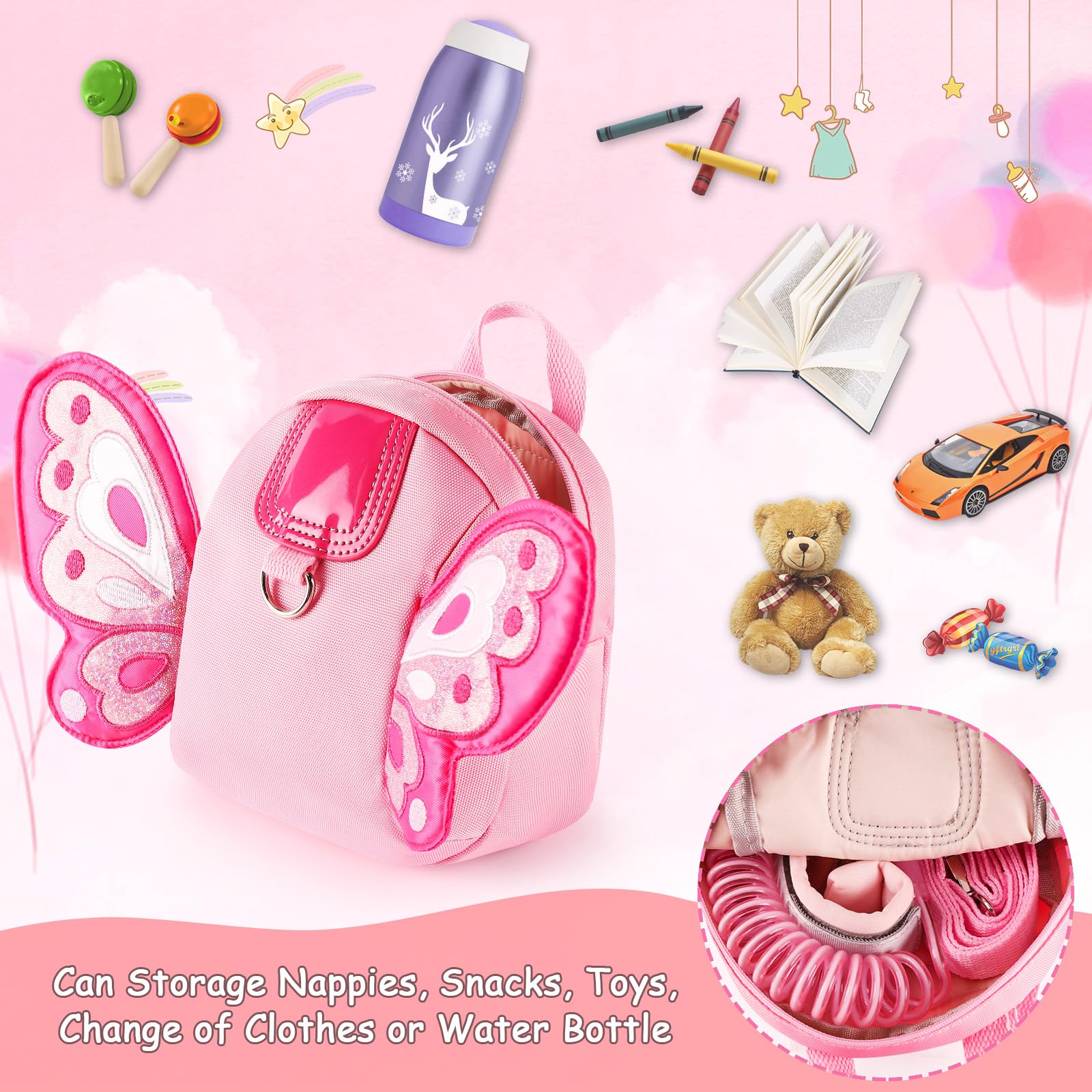 Accmor butterfly-pattern backpack side view with anti-lost wrist link for safe strolling.
