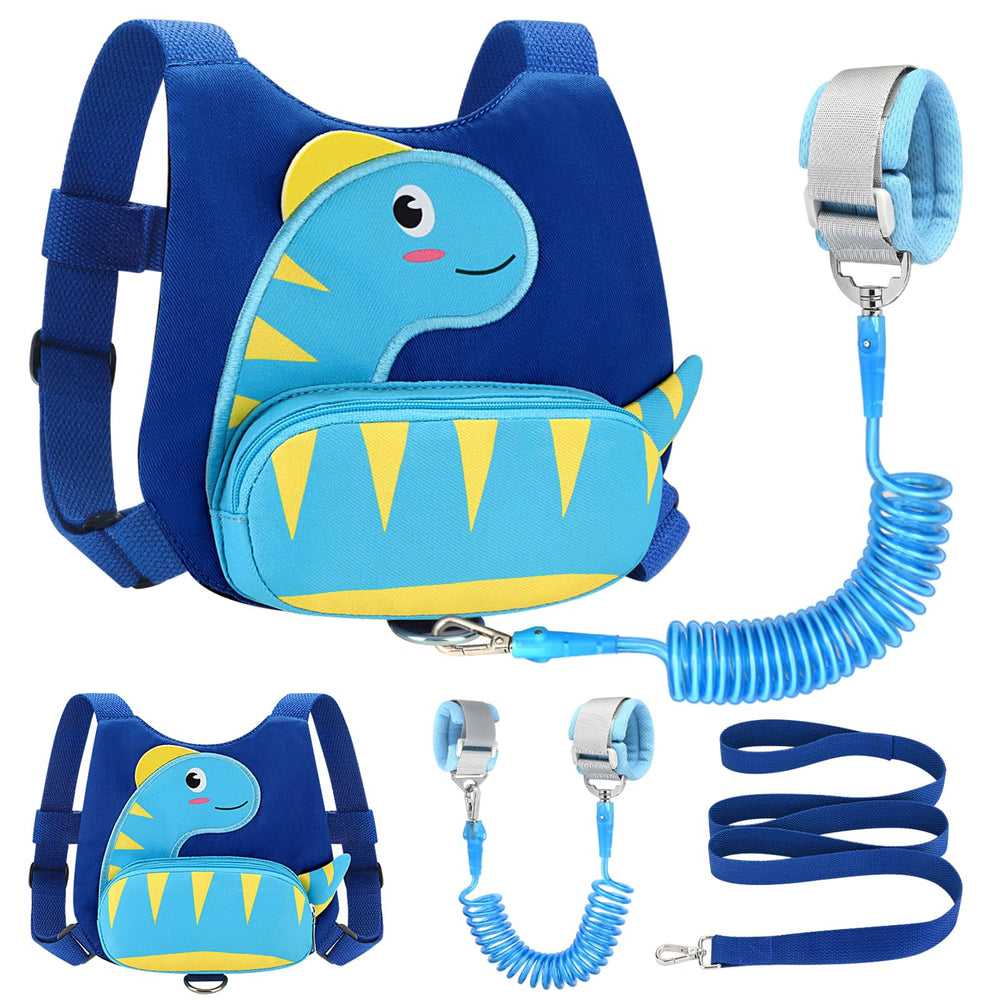 Accmor toddler harness blue with dinosaur pattern keeps kids secure during outdoor exploration.