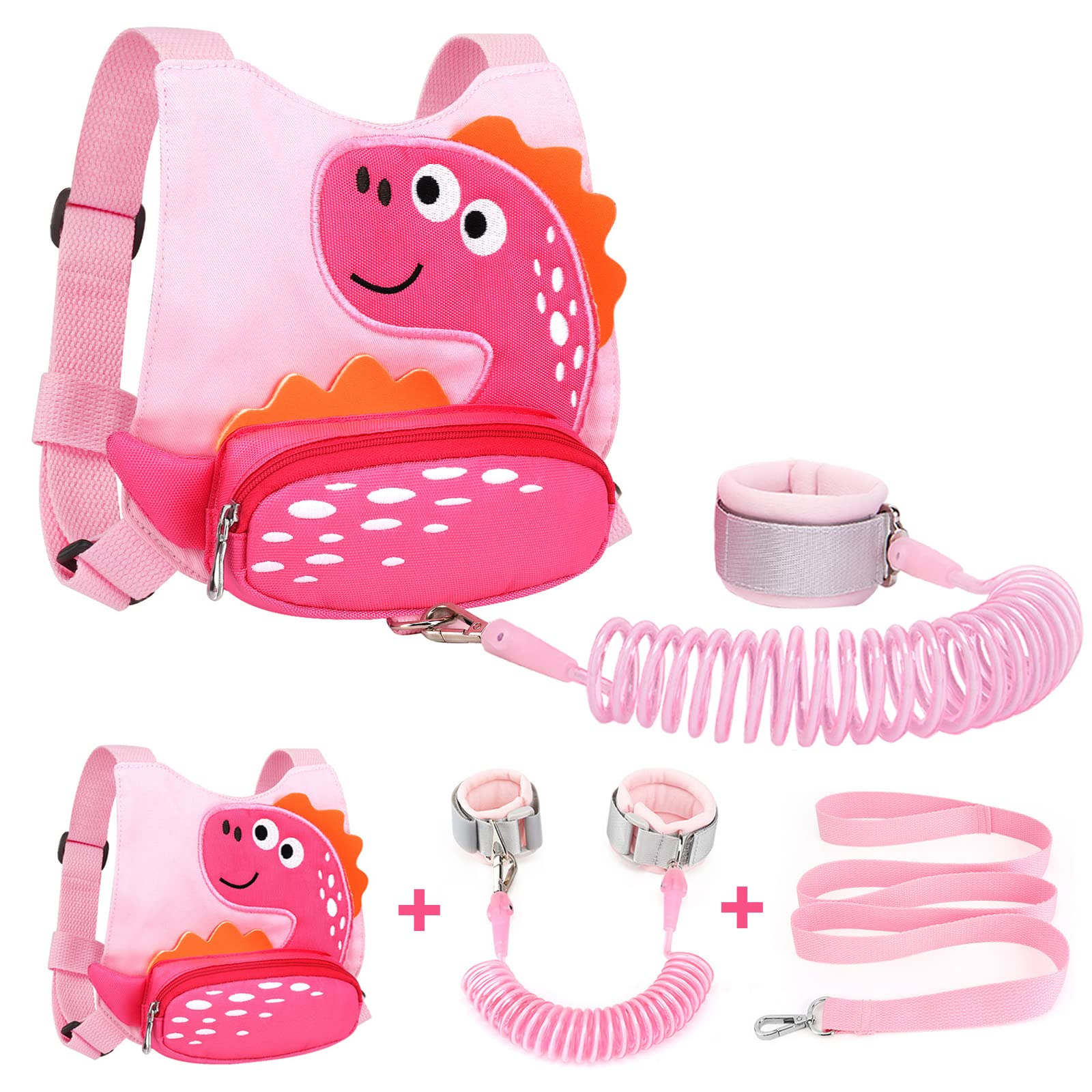 Accmor toddler harness front view pink dinosaur design for safe exploration.