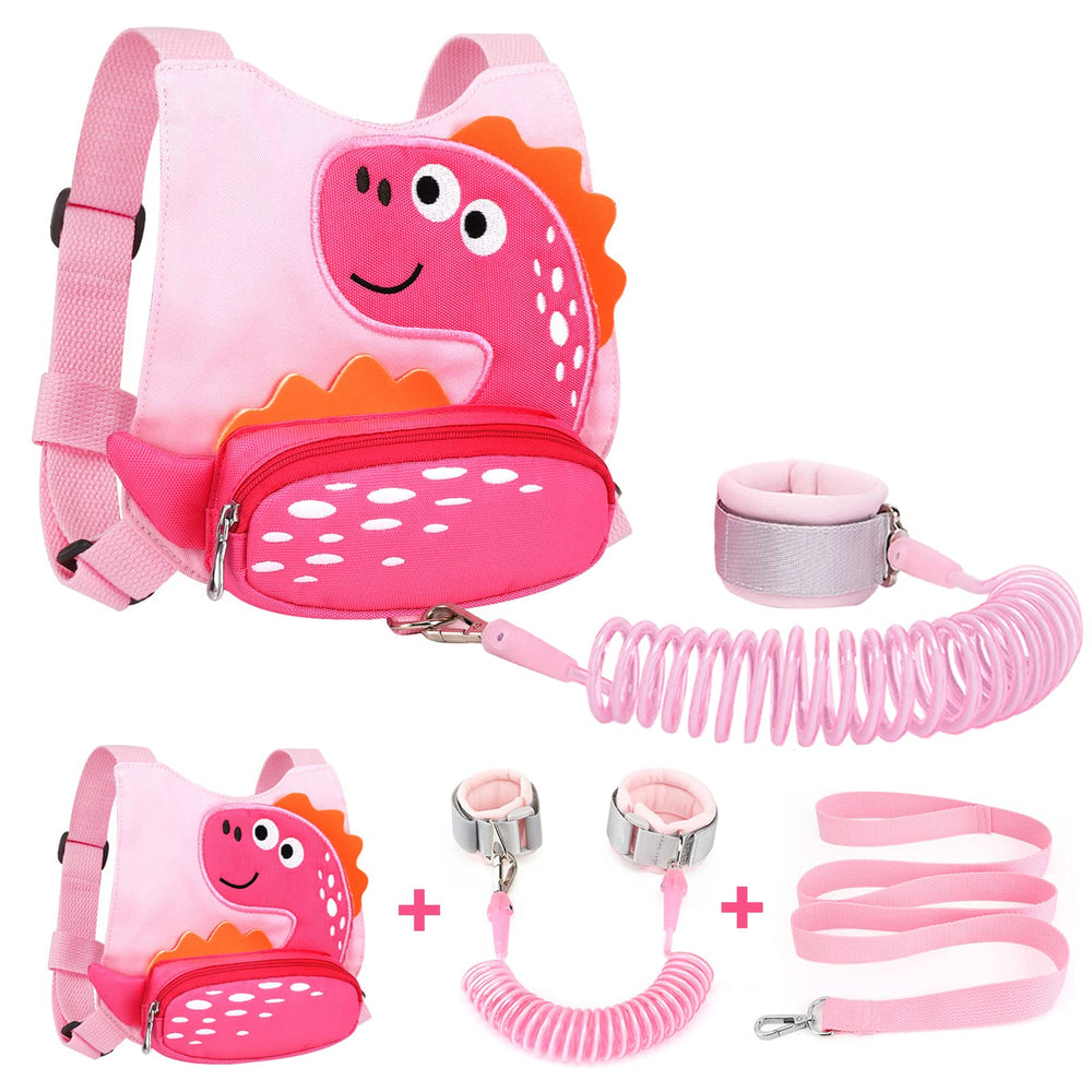 Accmor toddler harness front view pink dinosaur design for safe exploration.