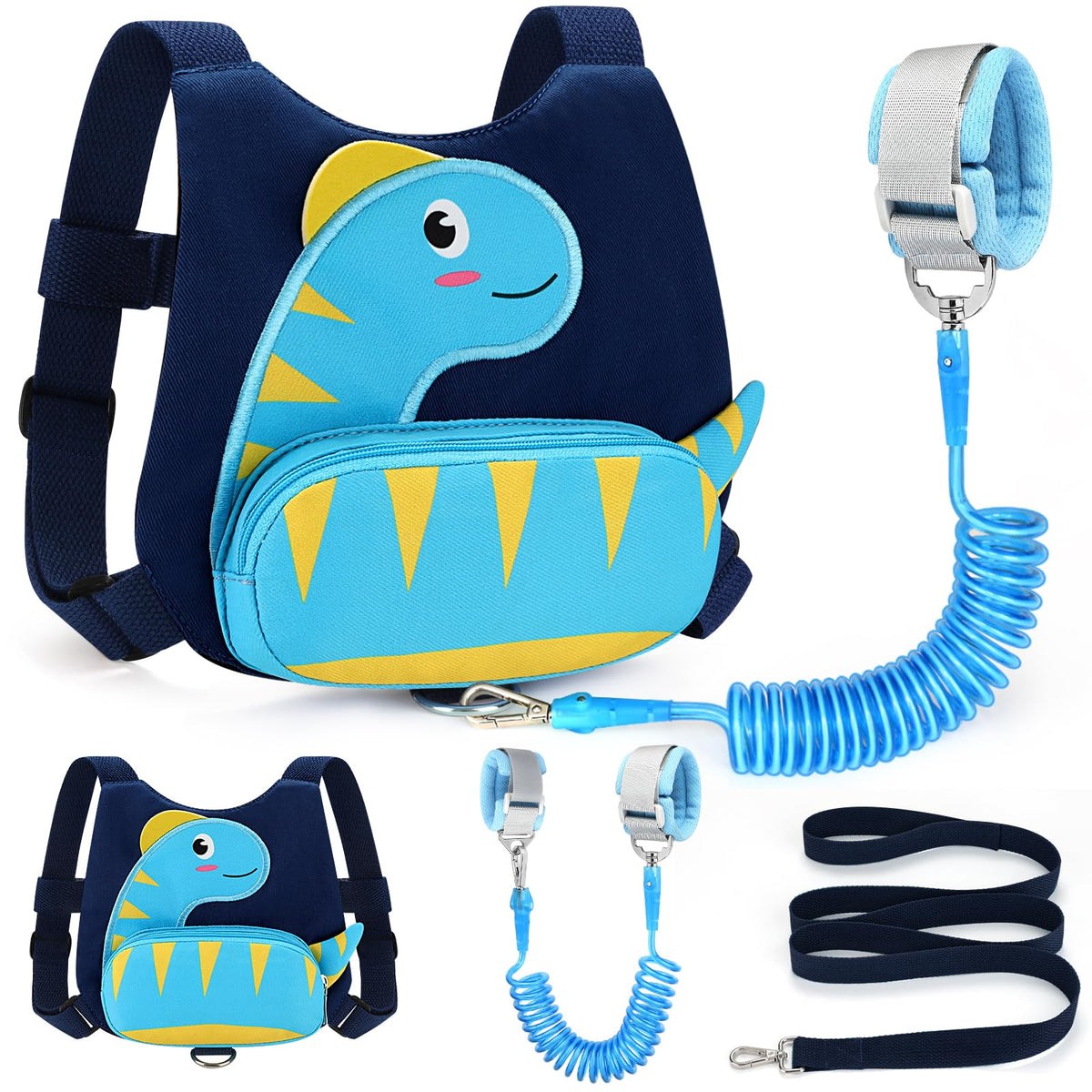 Accmor toddler harness with dinosaur front view shows secure design for busy days