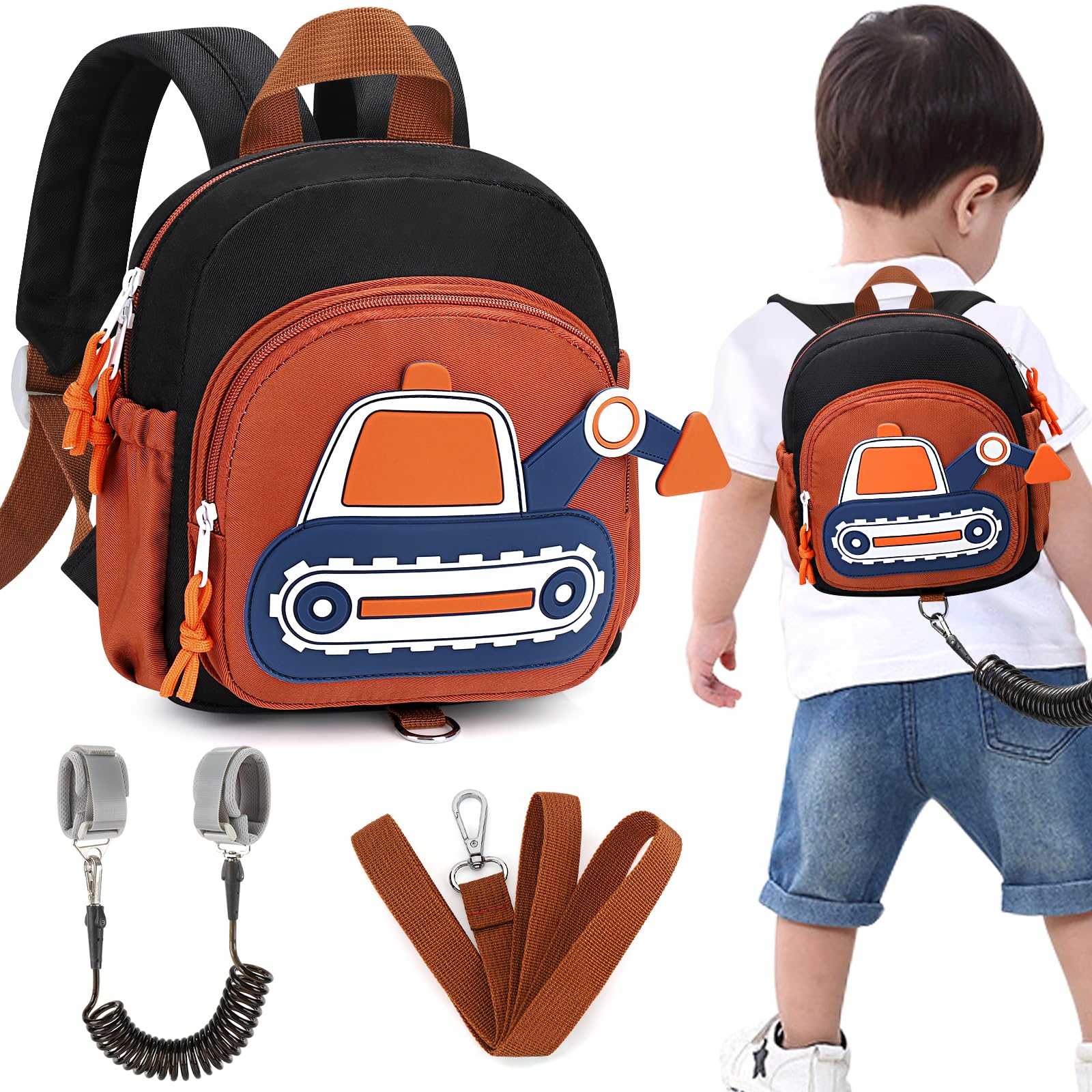Accmor toddler leash backpack front view with excavator print for safe outings.
