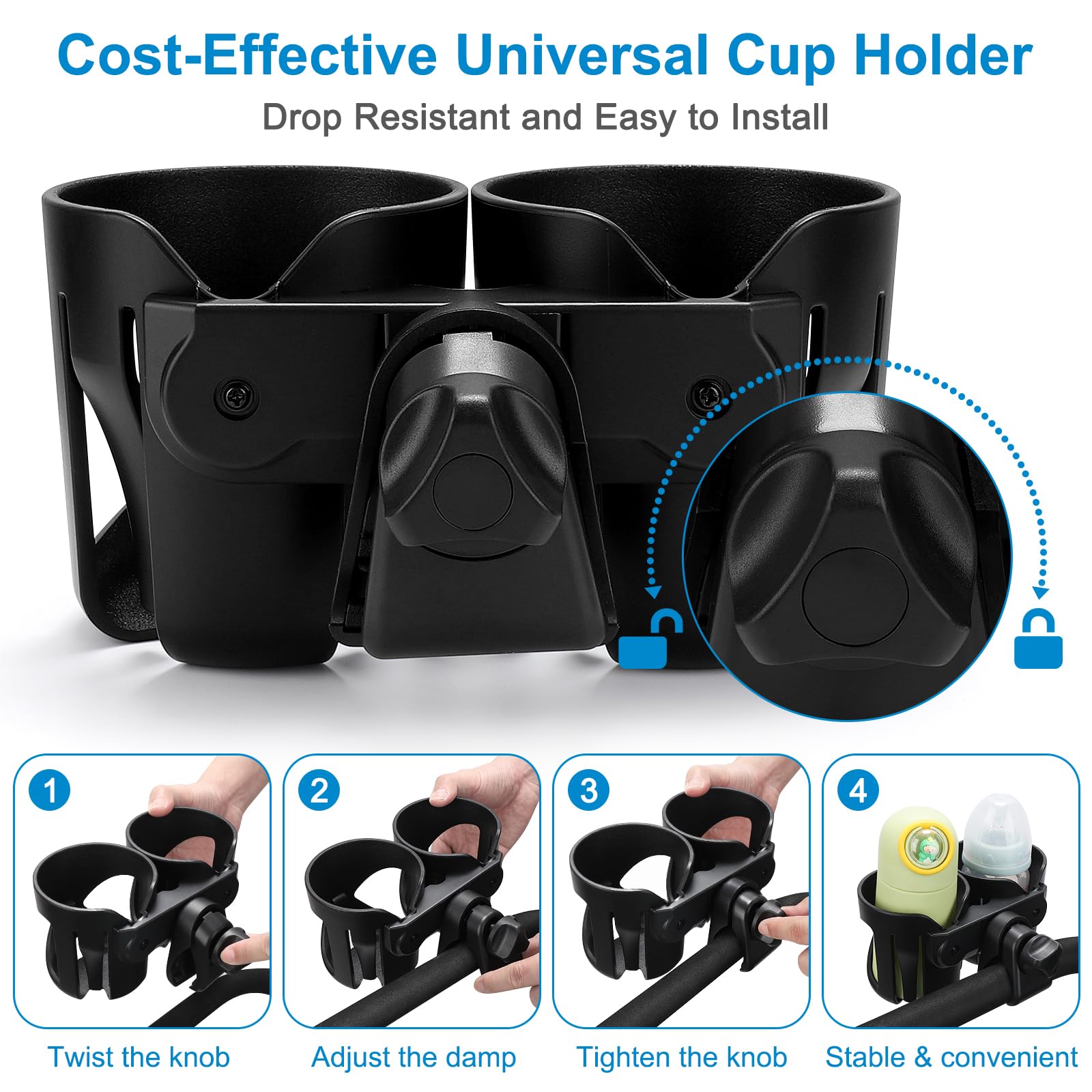 Accmor universal cup holder front-angle offers easy reach from the stroller handle.