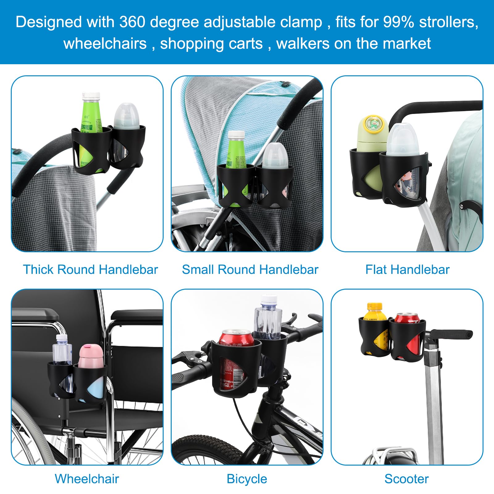 Accmor universal cup holder stroller-rod-install shows flexible fit for different brands.