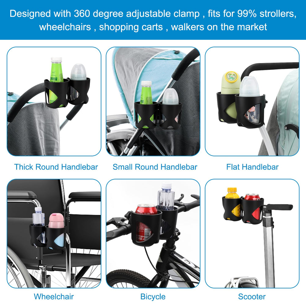 Accmor universal cup holder stroller-rod-install shows flexible fit for different brands.