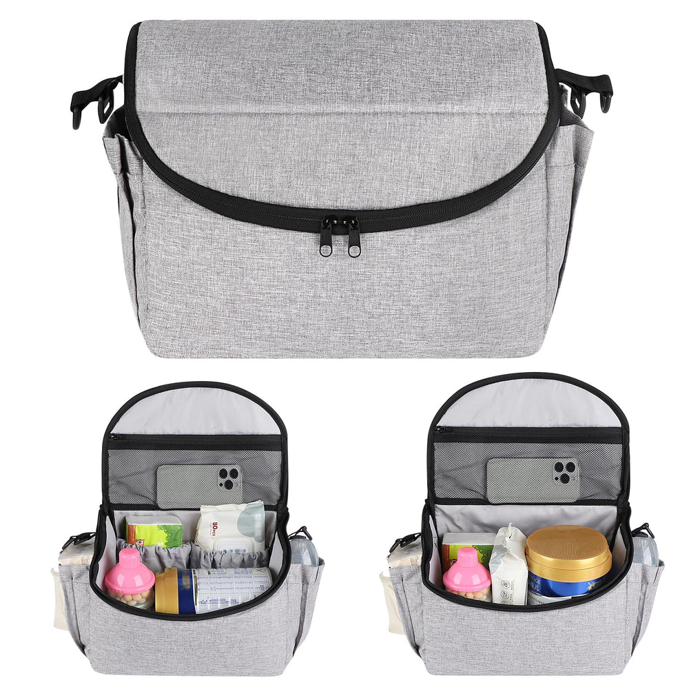 Accmor universal stroller organizer compatibility graphic showing fit with multiple brands.