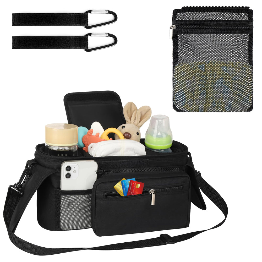 Accmor universal stroller organizer detachable mesh back pocket stores extra diapers or towels for convenience.